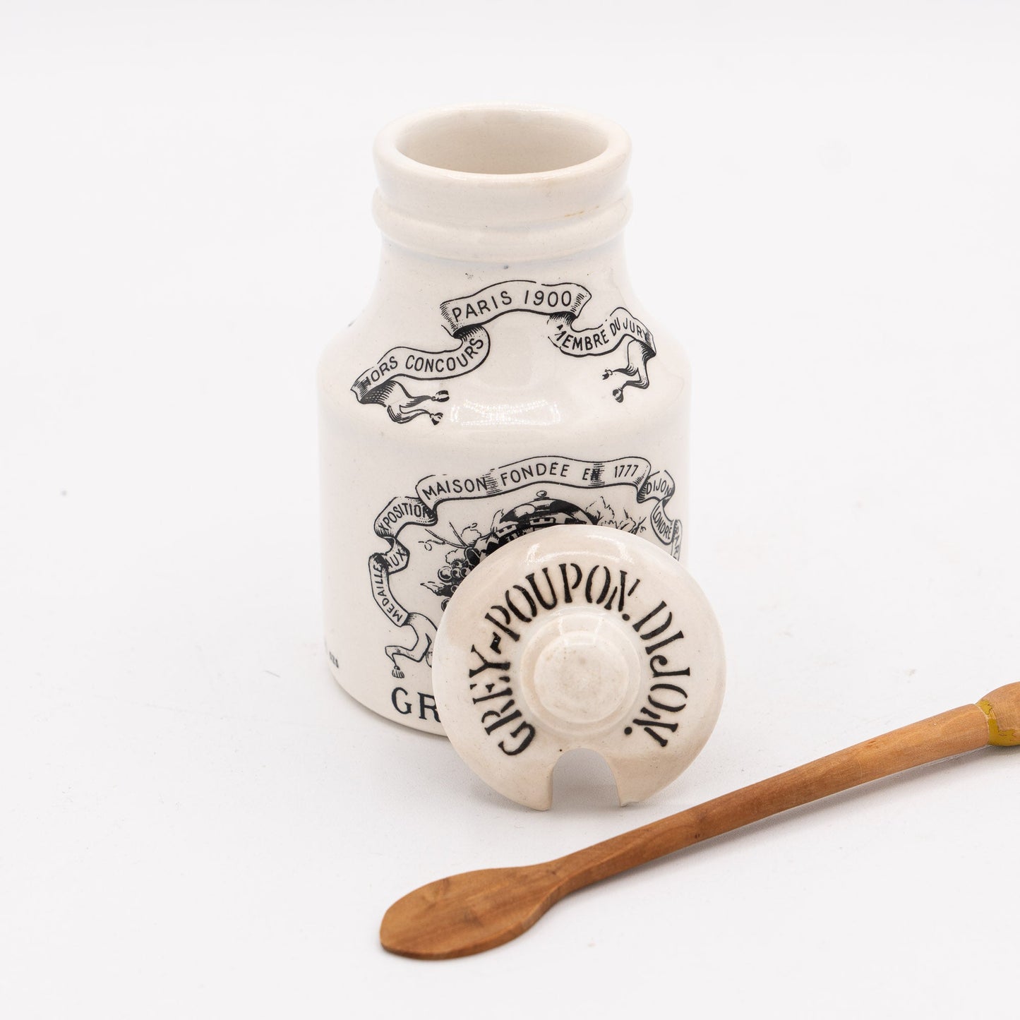 Grey - Poupon Dijon Mustard Pot (with Lid & Wooden Spoon) - Digoin–Sarreguemines - 1950 - 70s - Sugar Bowl - The Vintage Tales
