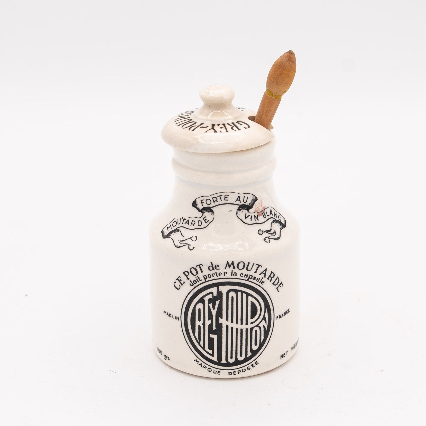 Grey - Poupon Dijon Mustard Pot (with Lid & Wooden Spoon) - Digoin–Sarreguemines - 1950 - 70s - Sugar Bowl - The Vintage Tales