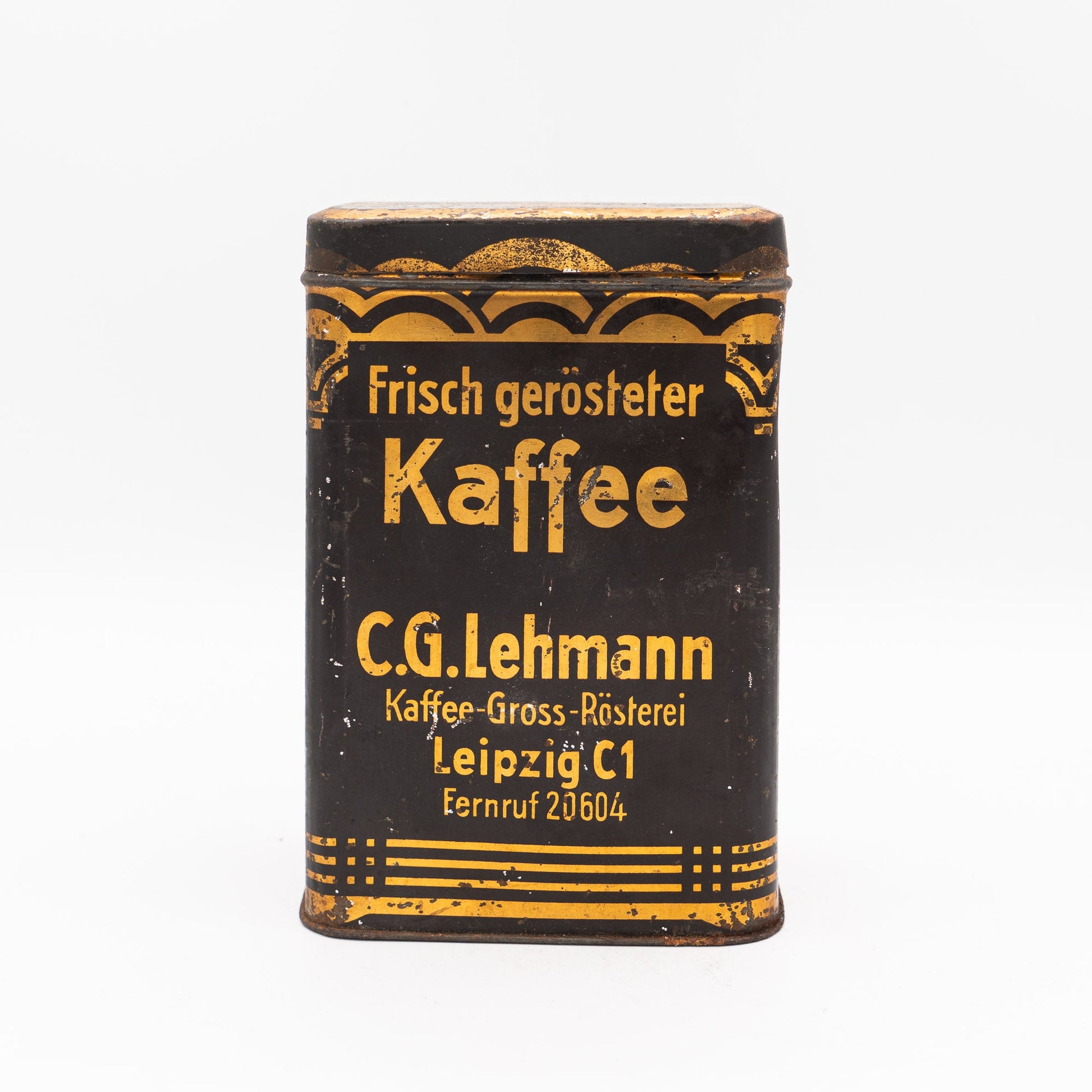 Lehmann Kaffee Advertising Tin, Leipzig - Black & Gold - 1940s–50s - Advertising Tin - The Vintage Tales