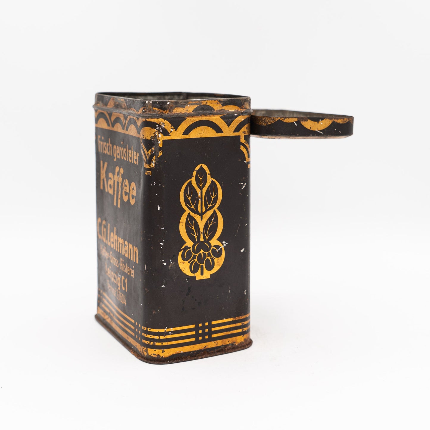 Lehmann Kaffee Advertising Tin, Leipzig - Black & Gold - 1940s–50s - Advertising Tin - The Vintage Tales