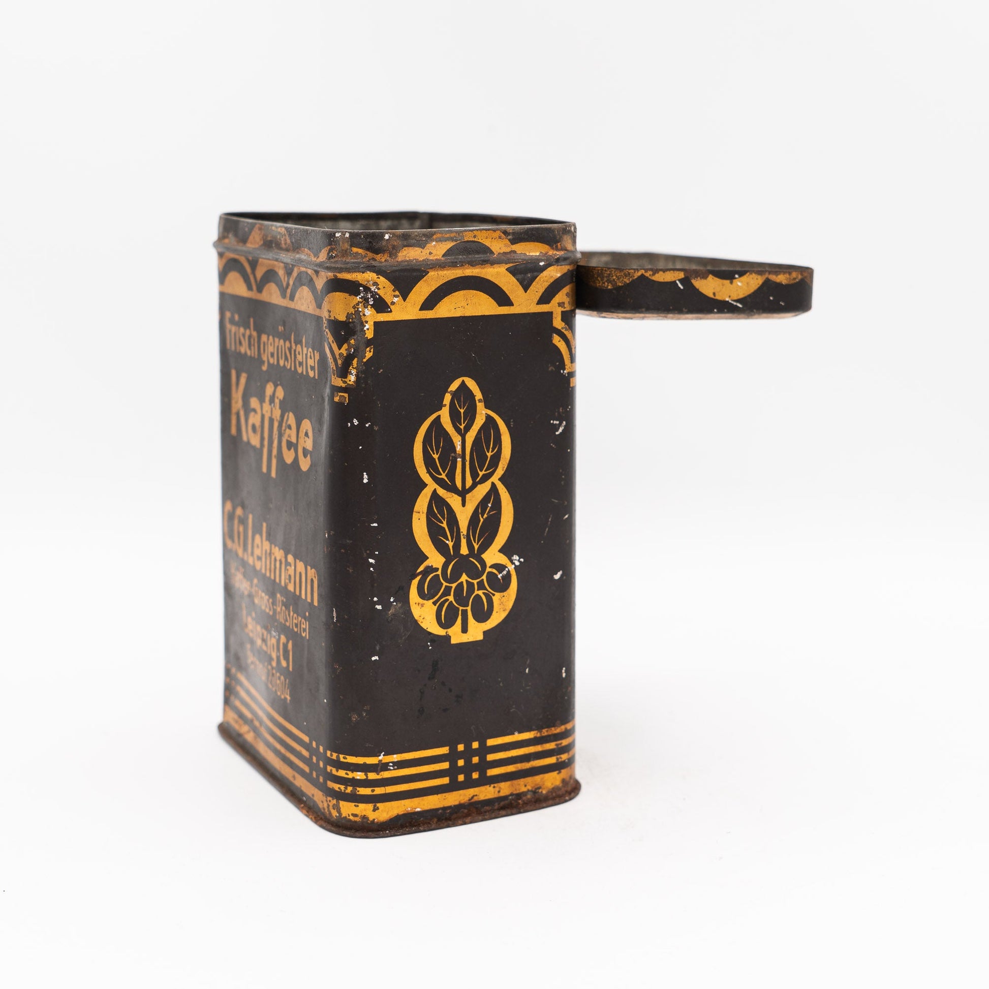 Lehmann Kaffee Advertising Tin, Leipzig - Black & Gold - 1940s–50s - Advertising Tin - The Vintage Tales