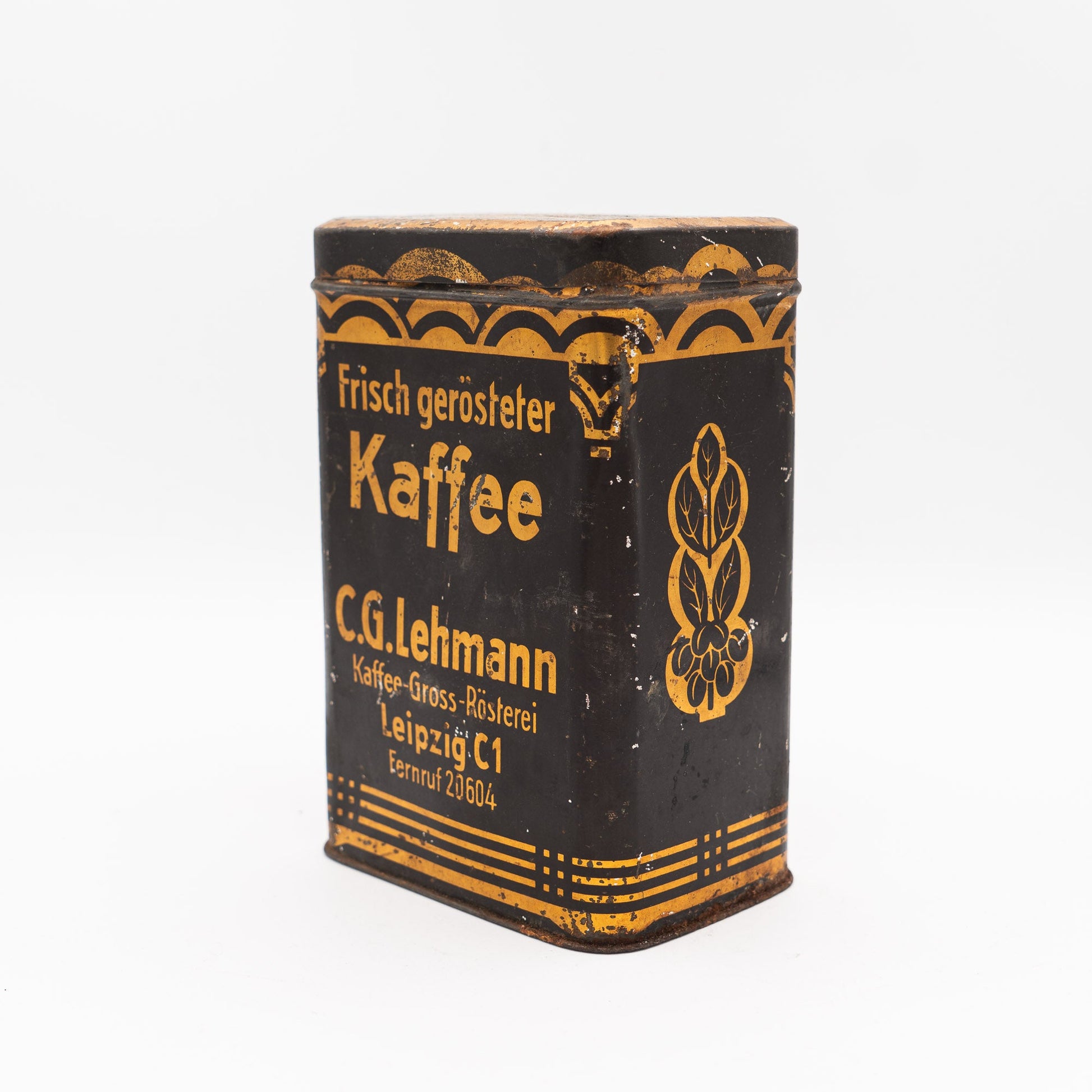 Lehmann Kaffee Advertising Tin, Leipzig - Black & Gold - 1940s–50s - Advertising Tin - The Vintage Tales