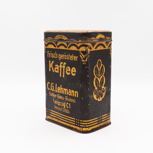 Lehmann Kaffee Advertising Tin, Leipzig - Black & Gold - 1940s–50s - Advertising Tin - The Vintage Tales