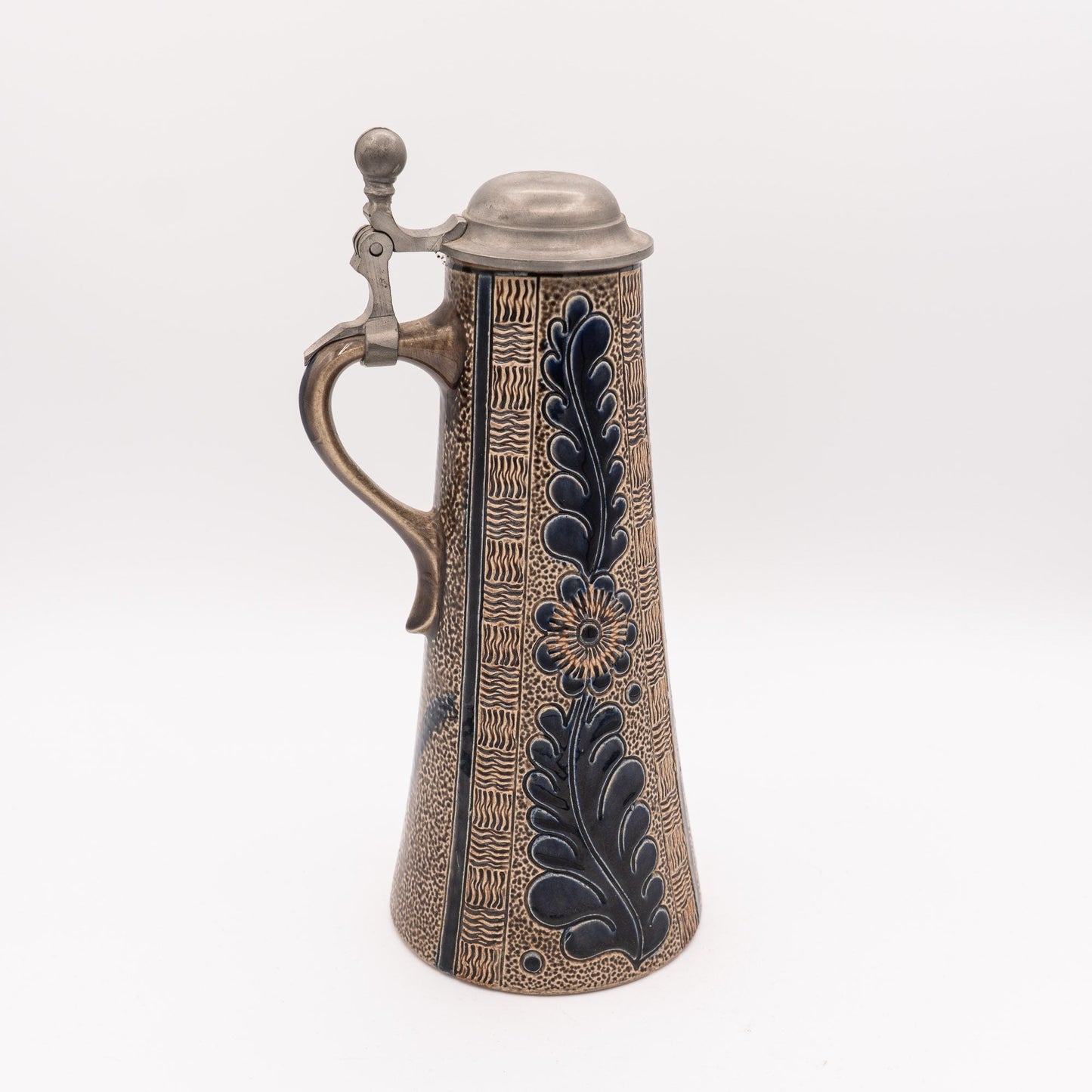 Mid - Century Salt - Glazed Bierstein with Pewter Lid - Marzy Remy - 1960s - Pitcher & Jugs - The Vintage Tales