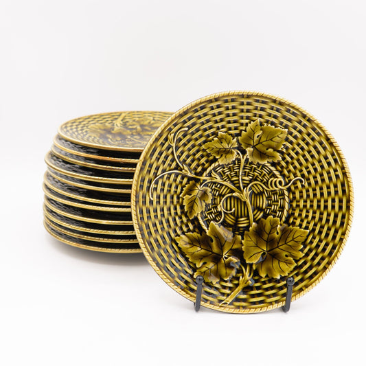 Olive - Green Basketweave & Vine Majolica Plate –Sarreguemines - 1900s - Cake Plate - The Vintage Tales