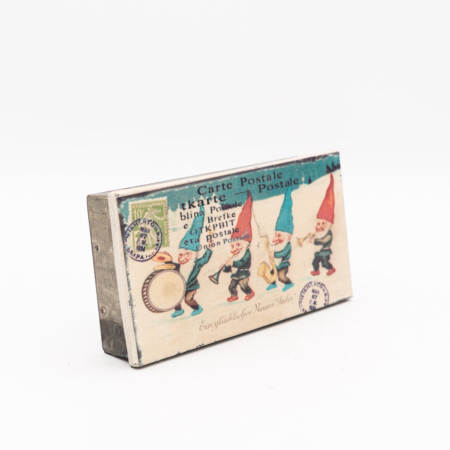 Postcard Souvenir Tin with Gnome Band - 1930s - Advertising Tin - The Vintage Tales