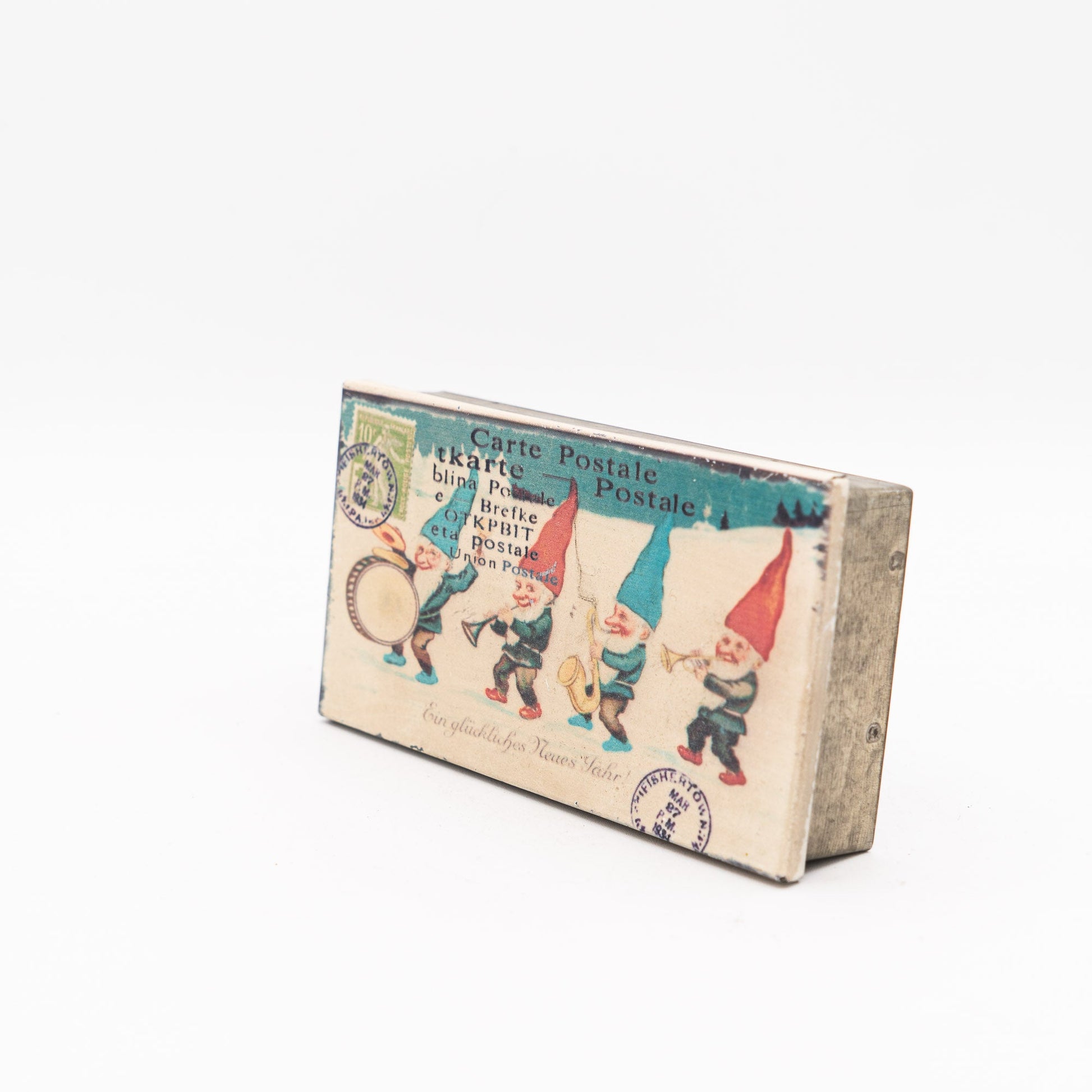 Postcard Souvenir Tin with Gnome Band - 1930s - Advertising Tin - The Vintage Tales