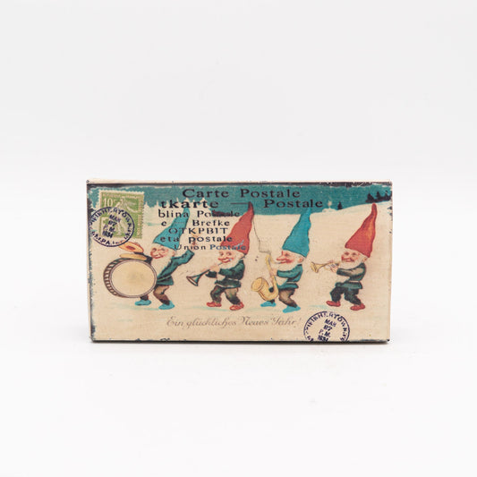 Postcard Souvenir Tin with Gnome Band - 1930s - Advertising Tin - The Vintage Tales