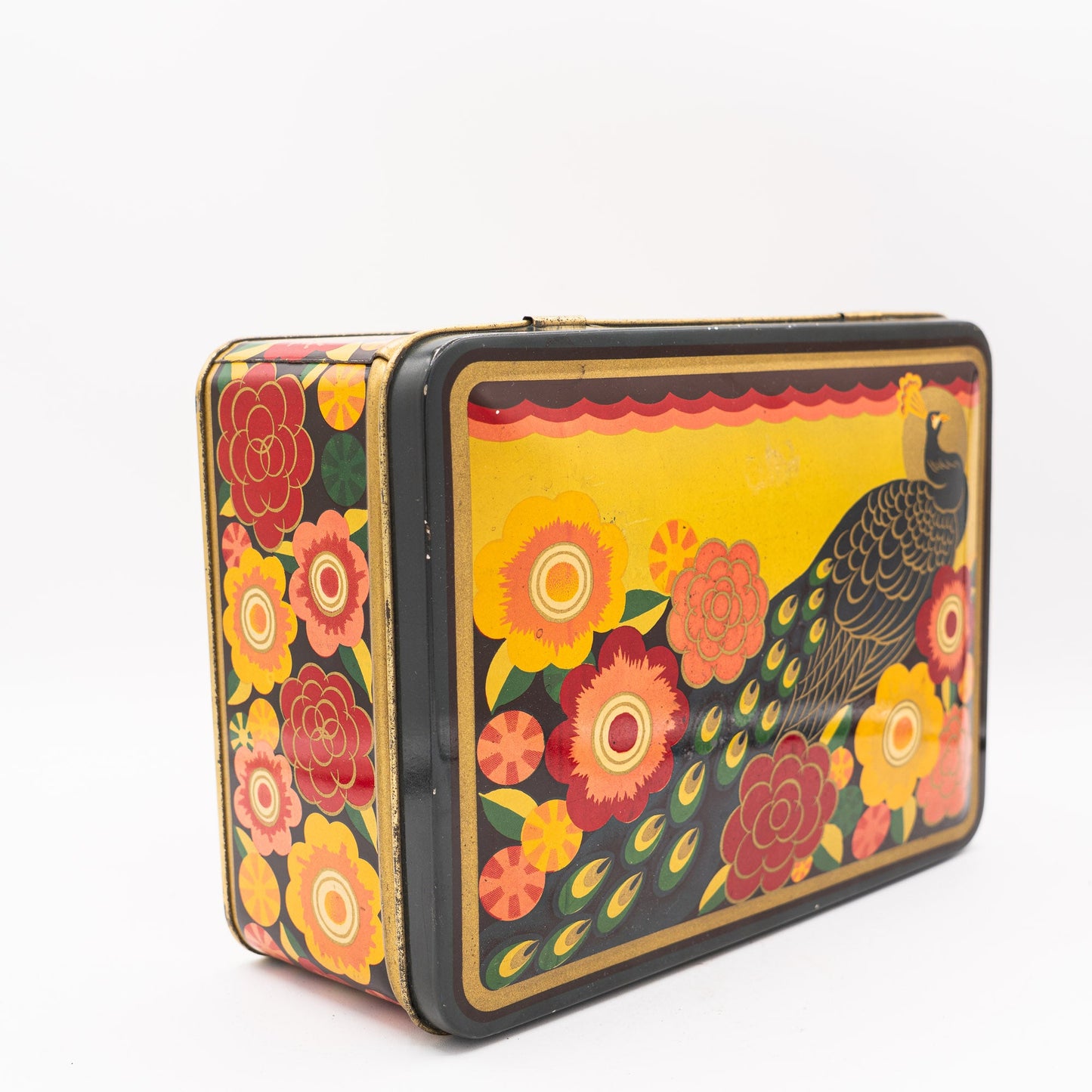 Vintage Peacock & Flowers Cookie Tin - Op Art - 1960/70s - Advertising Tin - The Vintage Tales