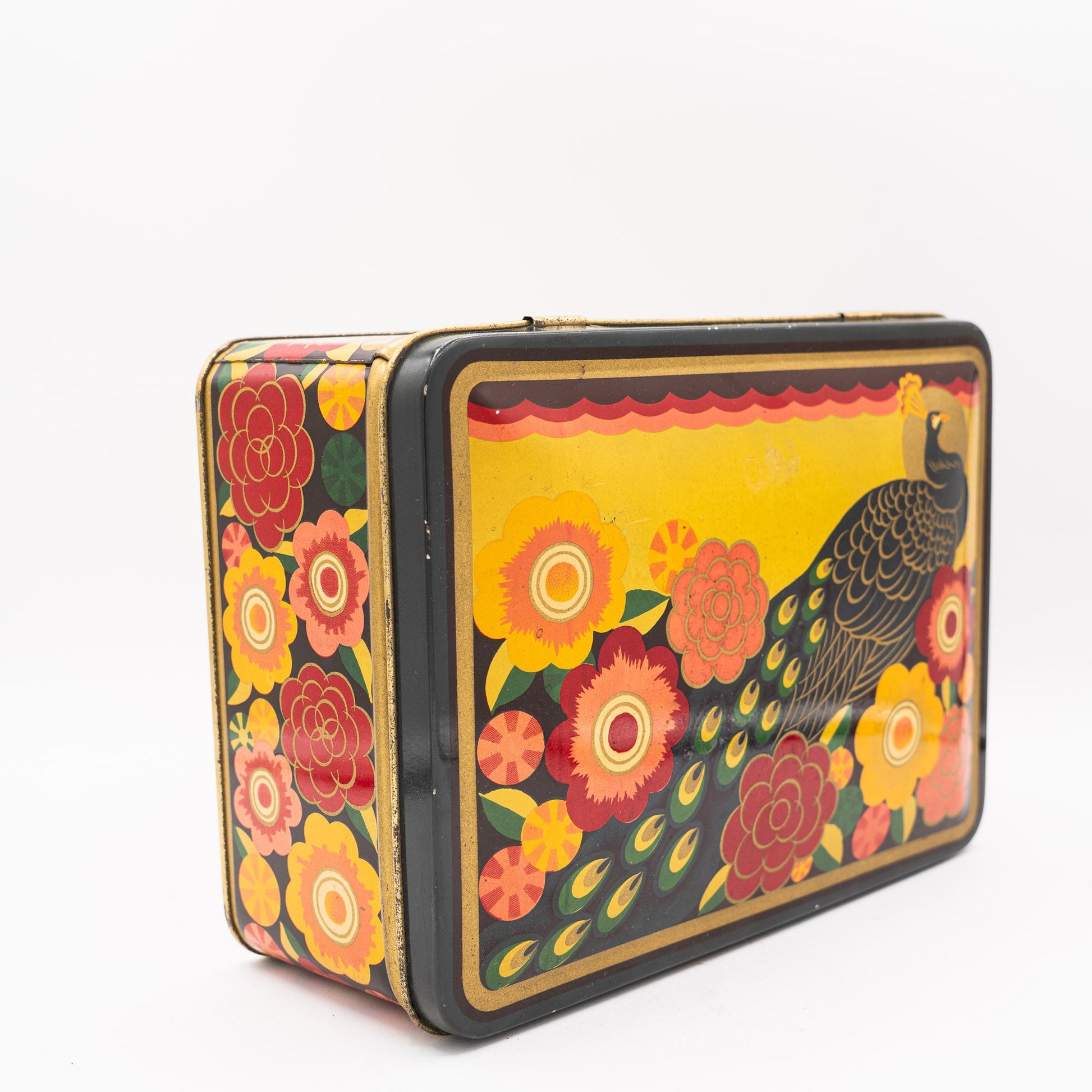 Vintage Peacock & Flowers Cookie Tin - Op Art - 1960/70s - Advertising Tin - The Vintage Tales