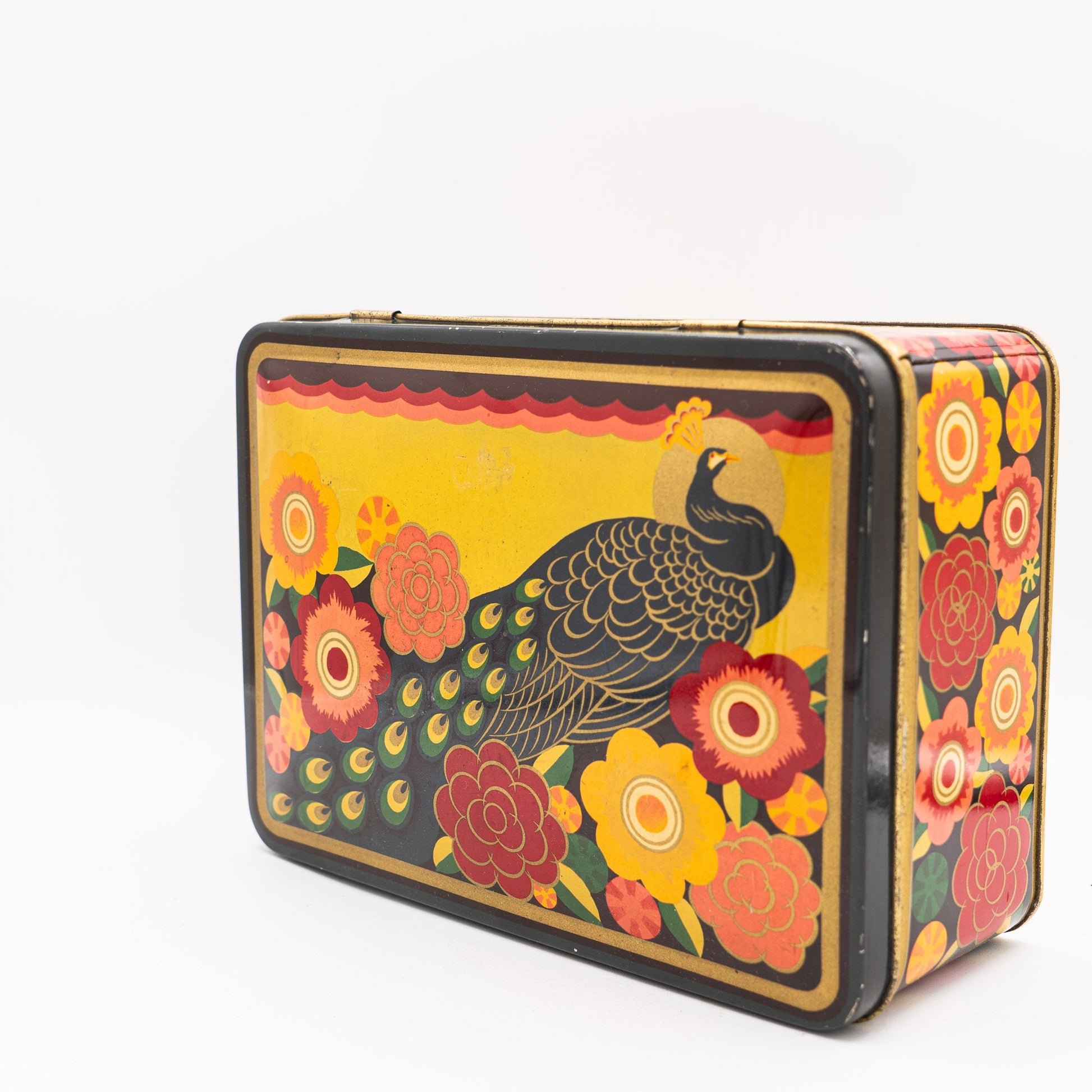 Vintage Peacock & Flowers Cookie Tin - Op Art - 1960/70s - Advertising Tin - The Vintage Tales