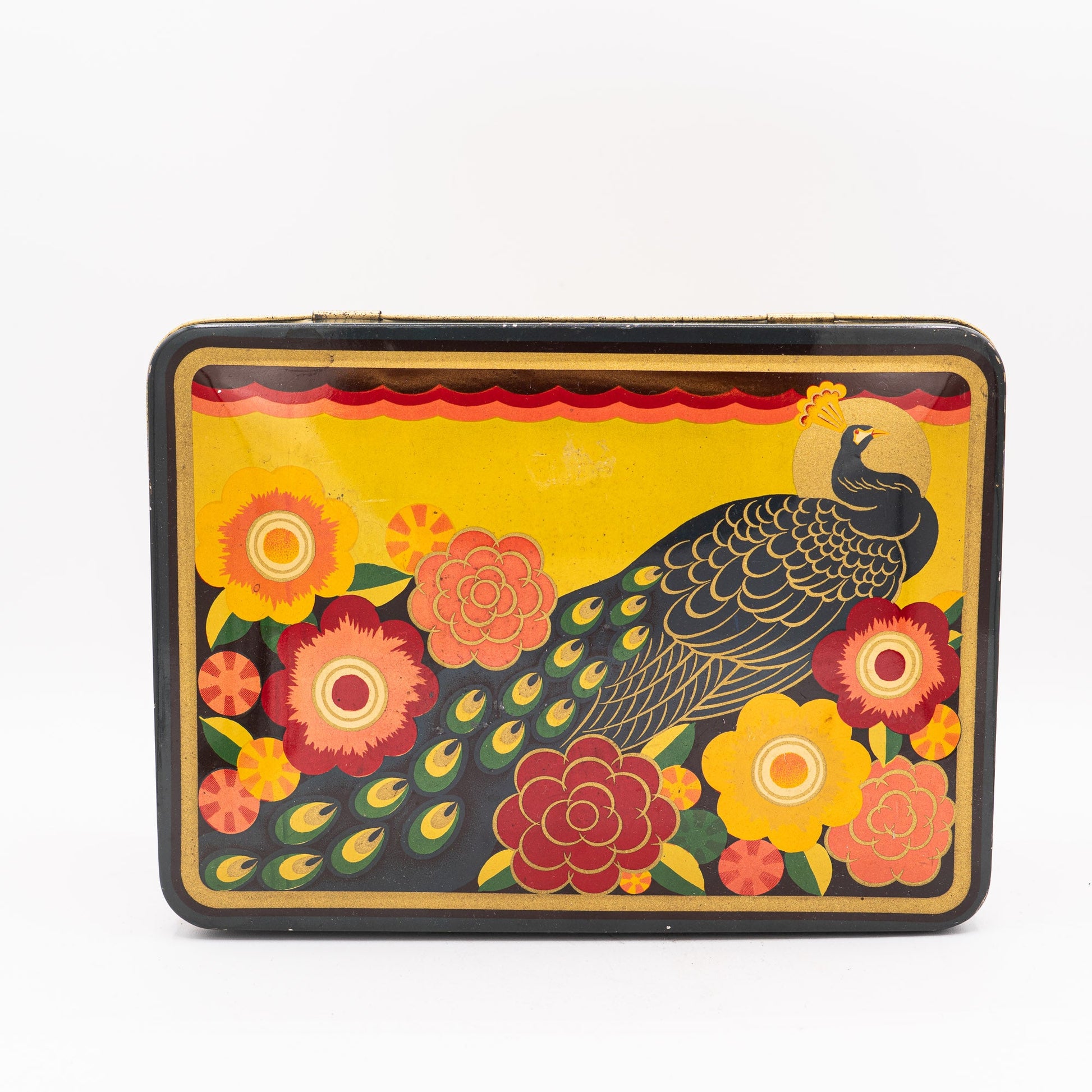Vintage Peacock & Flowers Cookie Tin - Op Art - 1960/70s - Advertising Tin - The Vintage Tales