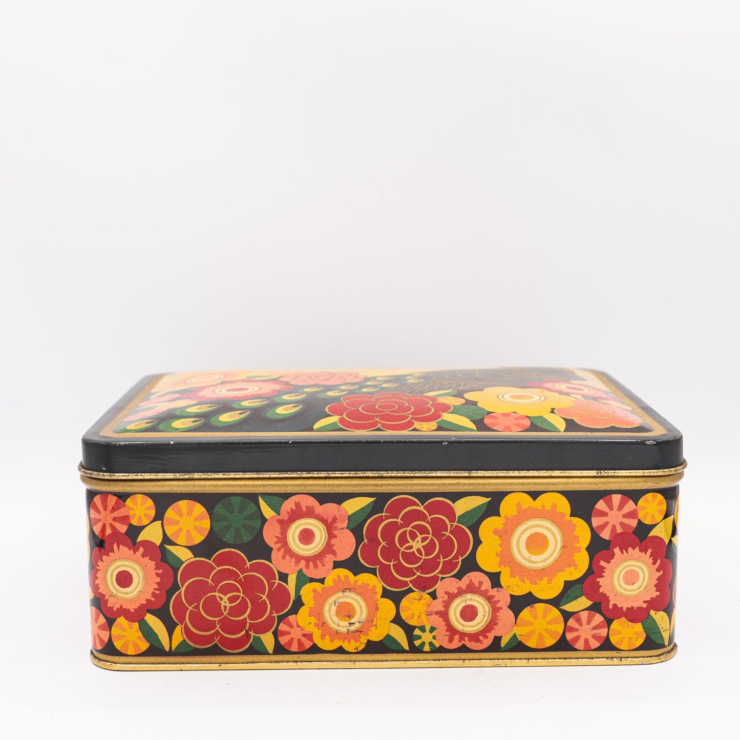 Vintage Peacock & Flowers Cookie Tin - Op Art - 1960/70s - Advertising Tin - The Vintage Tales