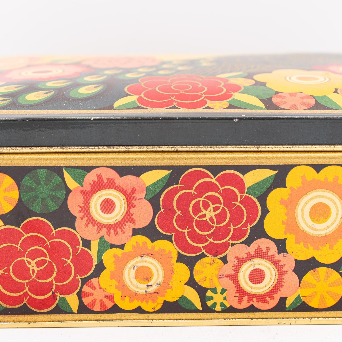 Vintage Peacock & Flowers Cookie Tin - Op Art - 1960/70s - Advertising Tin - The Vintage Tales