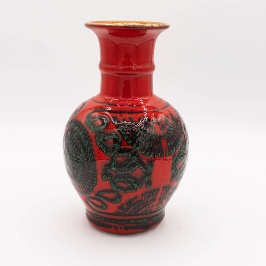 Vintage Red Vase with Floral Green Pattern - Bay Keramik - 68 - 20 - 1960s - Vase - The Vintage Tales